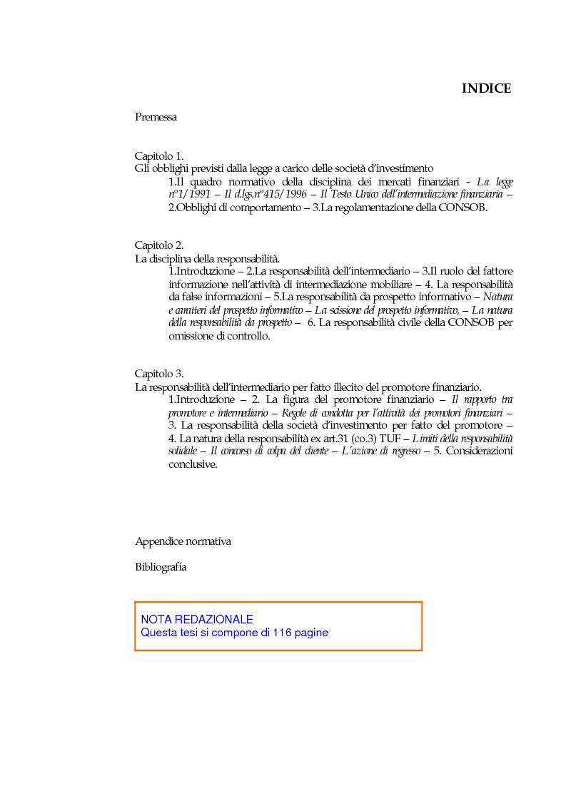 Indice della tesi: Obblighi di comportamento e responsabilità degli intermediari finanziari, Pagina 1