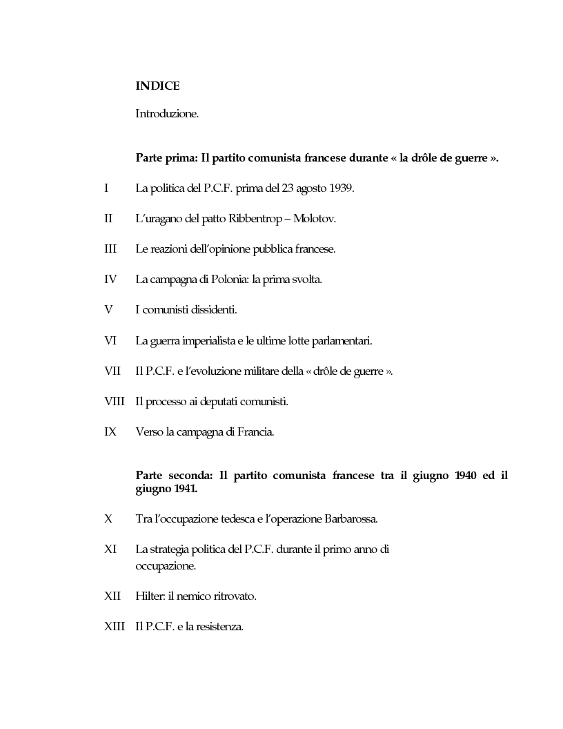 Indice della tesi: Il partito comunista francese dal patto nazi-sovietico all'operazione Barbarossa, Pagina 1
