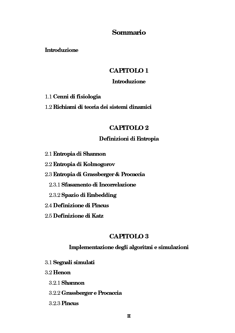 Indice della tesi: Stime di entropia in sistemi complessi: applicazione all'analisi di sistemi cardiovascolari, Pagina 1