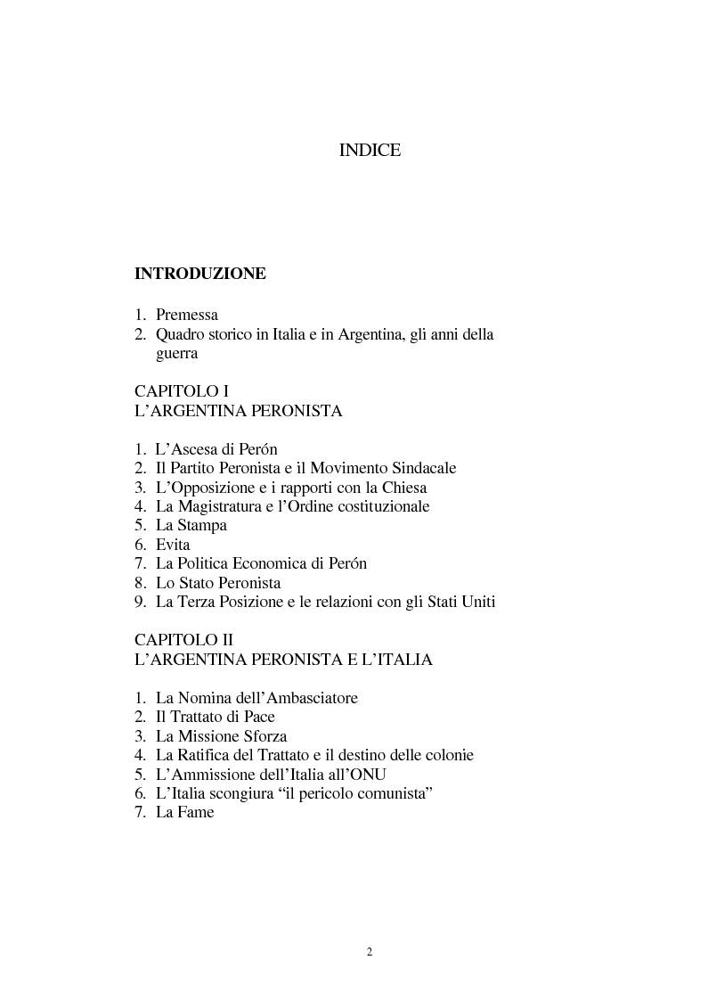 Indice della tesi: Le relazioni tra l'Italia e l'Argentina durante i primi anni del governo Peron, 1945-1949, Pagina 1