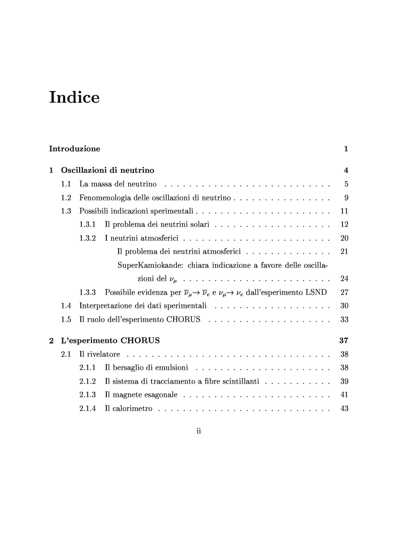Indice della tesi: Decadimento tau -> 3pi nutau per la ricerca delle oscillazioni numu -> nutau in Chorus, Pagina 1