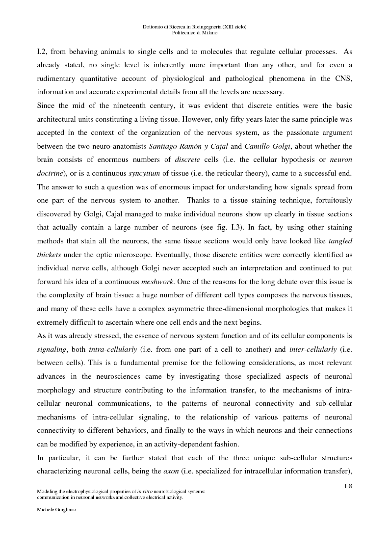 Anteprima della tesi: Modeling the electrophysiological properties of in vitro neurobiological systems: communication in neuronal networks and collective electrophysiological activity, Pagina 3