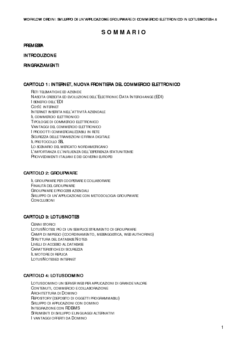 Indice della tesi: Workflow ordini: un'applicazione groupware di commercio elettronico con Lotus Notes 4.6, Pagina 1