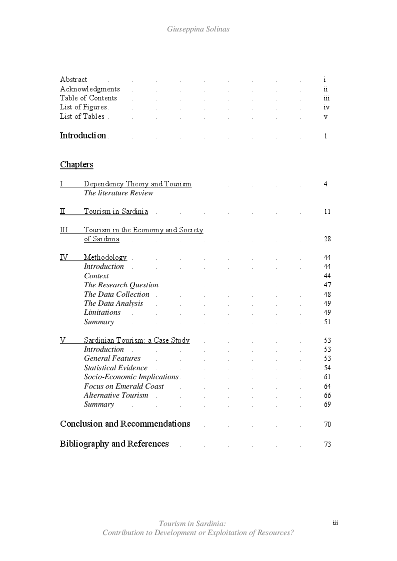 Indice della tesi: Tourism in Sardinia: Contribution to Development or Exploitation of Resources?, Pagina 1
