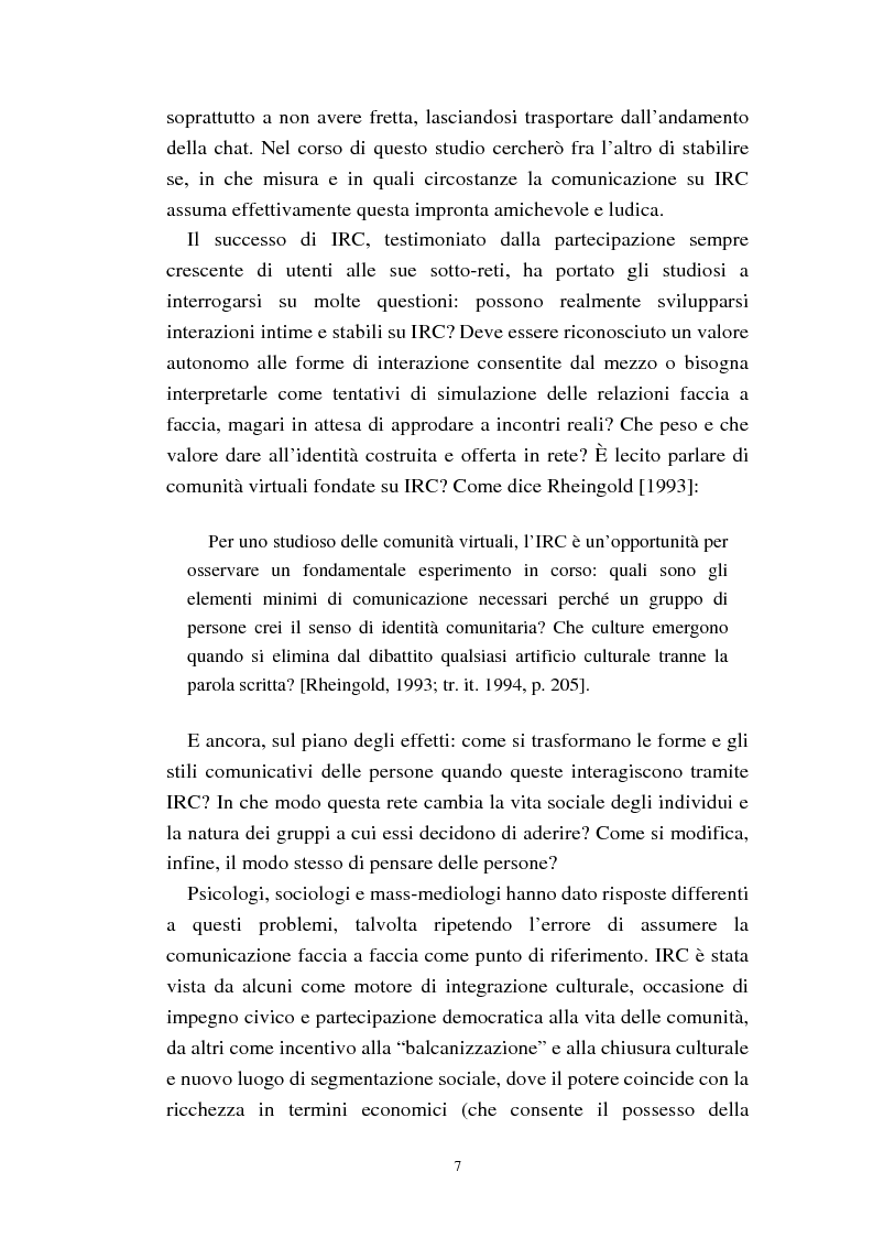 Anteprima della tesi: La comunicazione sulla rete Internet Relay Chat. Usi e funzioni sociali della tecnologia, Pagina 6
