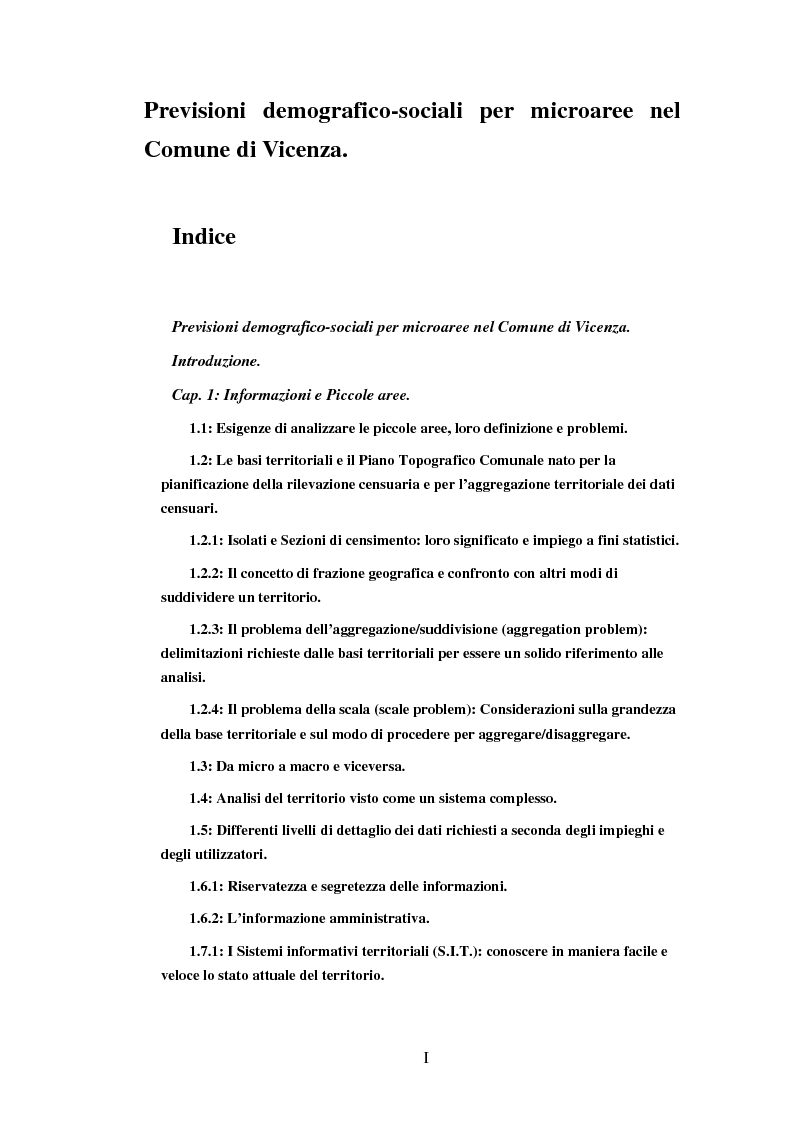 Indice della tesi: Proiezioni demografico-sociali per microaree: studio di fattibilità per il Comune di Vicenza, Pagina 1