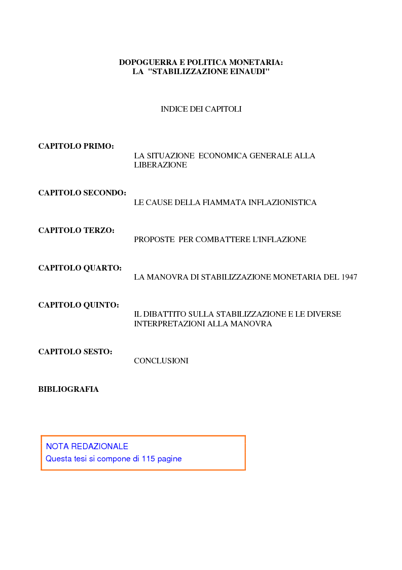 Indice della tesi: Dopoguerra e politica monetaria: la stabilizzazione Einaudi, Pagina 1