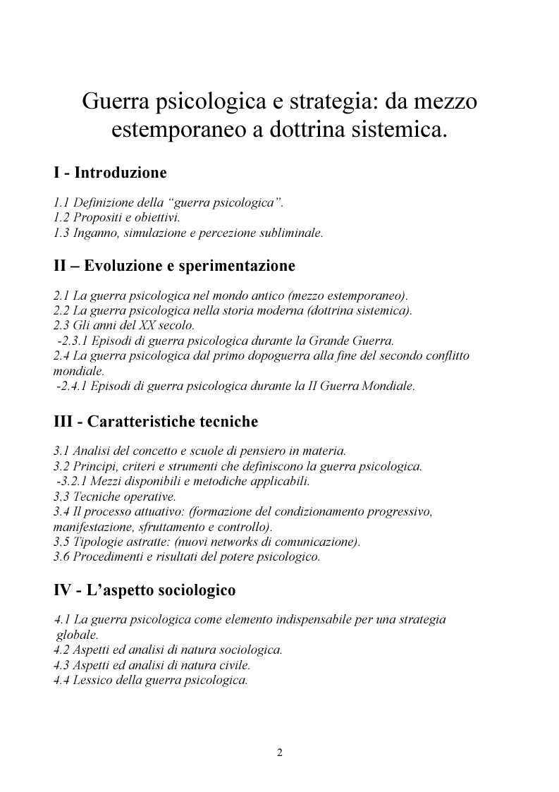 Indice della tesi: Guerra psicologica e strategia: da mezzo estemporaneo a dottrina sistemica, Pagina 1