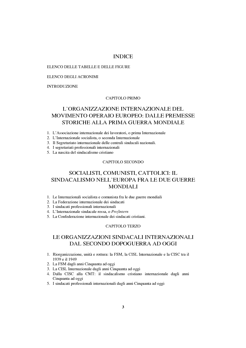 Indice della tesi: Il sindacalismo europeo. Dalle premesse storiche alla Confederazione europea dei sindacati., Pagina 1