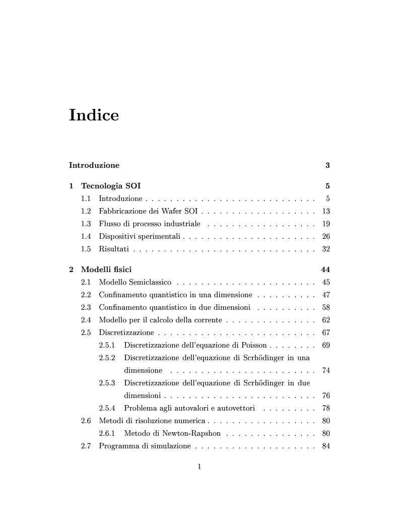 Indice della tesi: Simulazione di Mosfet Silicon on Insulator a canale ultrasottile, Pagina 1