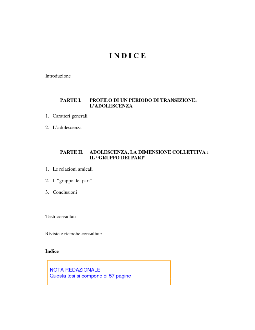 Indice della tesi: La dimensione collettiva nell'adolescenza: il gruppo dei pari, Pagina 1