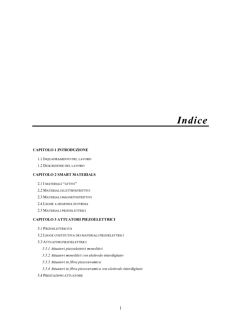Indice della tesi: Sviluppo di attuatori in fibra piezoceramica, Pagina 1