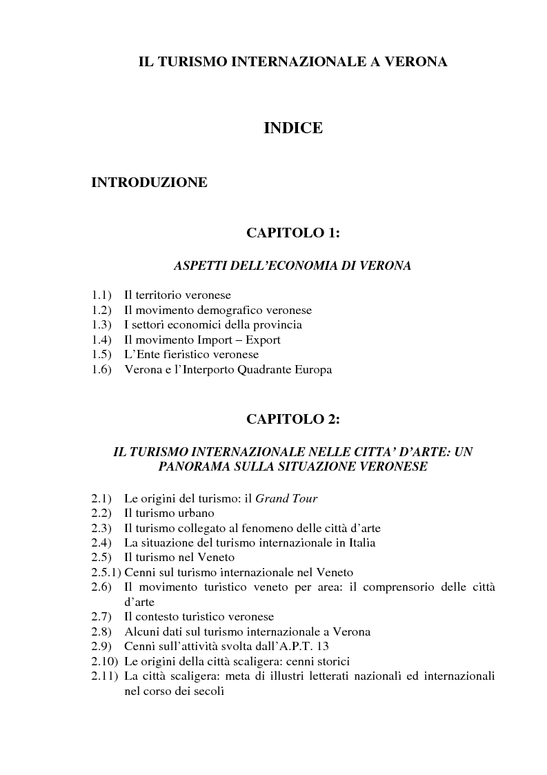 Indice della tesi: Il turismo internazionale a Verona, Pagina 1