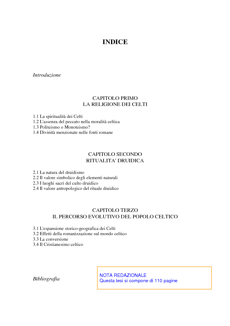 Indice della tesi: L'Europa precristiana e il sistema filosofico-religioso dei Celti, Pagina 1