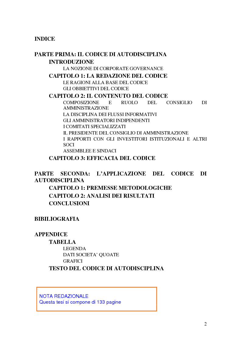 Indice della tesi: Il codice di autodisciplina come strumento di corporate governance: il caso italiano alla luce dell'esperienza anglosassone, Pagina 1