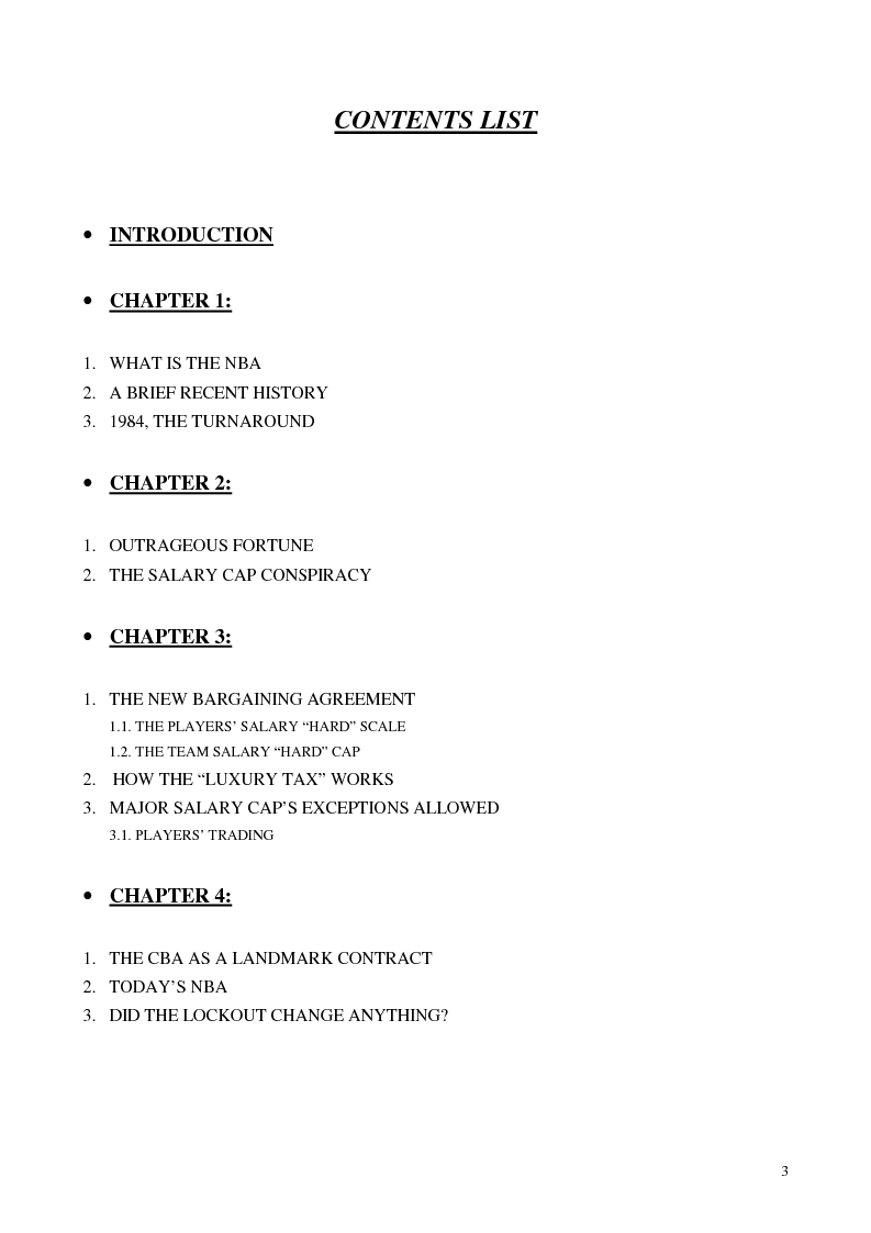 Indice della tesi: The NBA 1999 collective bargaining agreement as a landmark for professional players' policy, Pagina 1