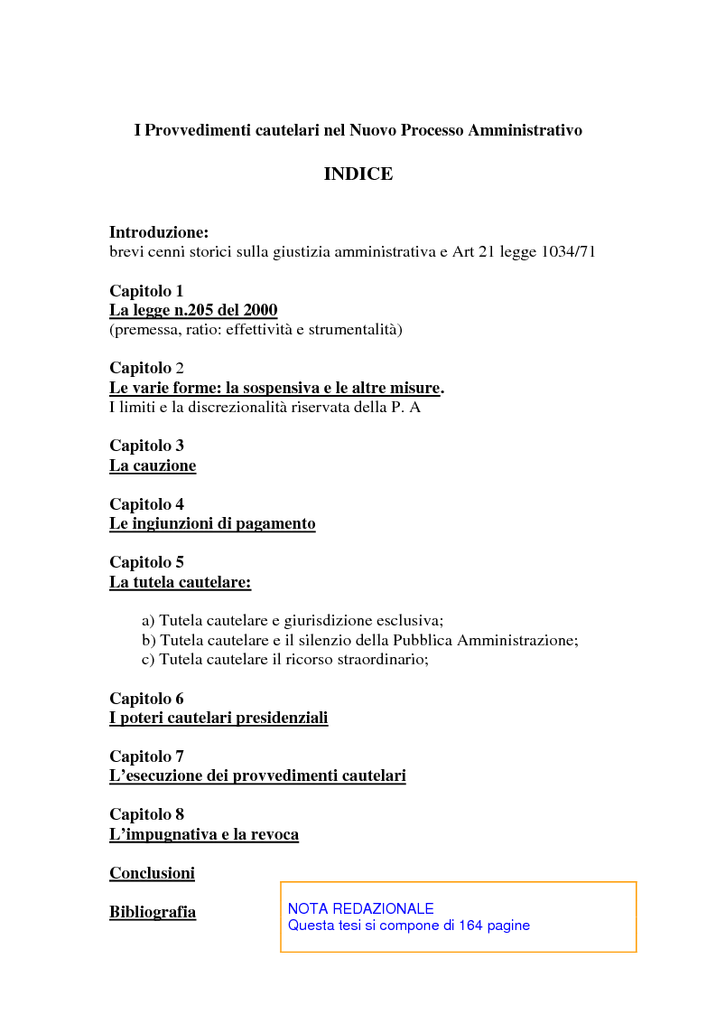 Indice della tesi: I provvedimenti cautelari nel nuovo processo amministrativo, Pagina 1