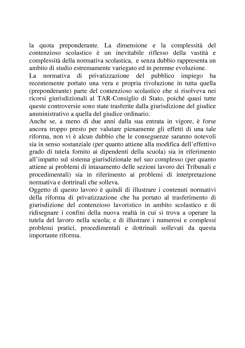 Anteprima della tesi: Gli strumenti di tutela in materia di lavoro nel settore scolastico alla luce della privatizzazione del rapporto di impiego e del trasferimento di giurisdizione al giudice ordinario, Pagina 2