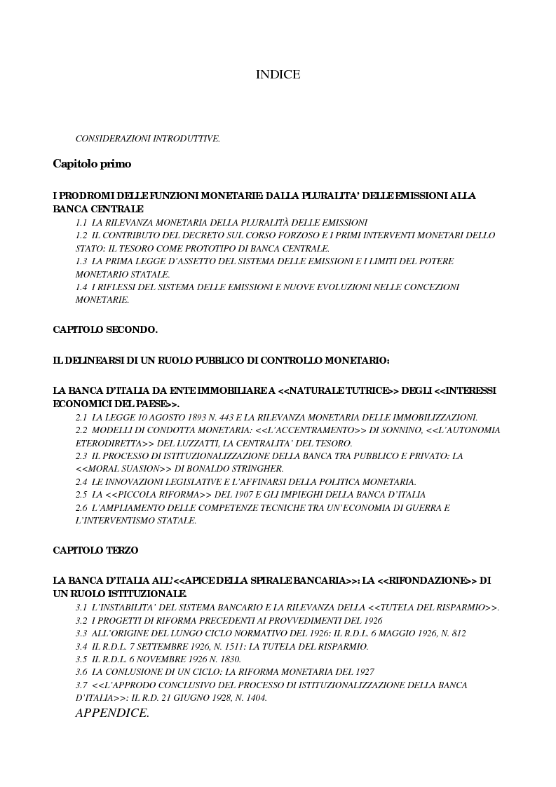 Indice della tesi: La nascita ed il consolidamento della banca centrale in Italia 1861-1926, Pagina 1