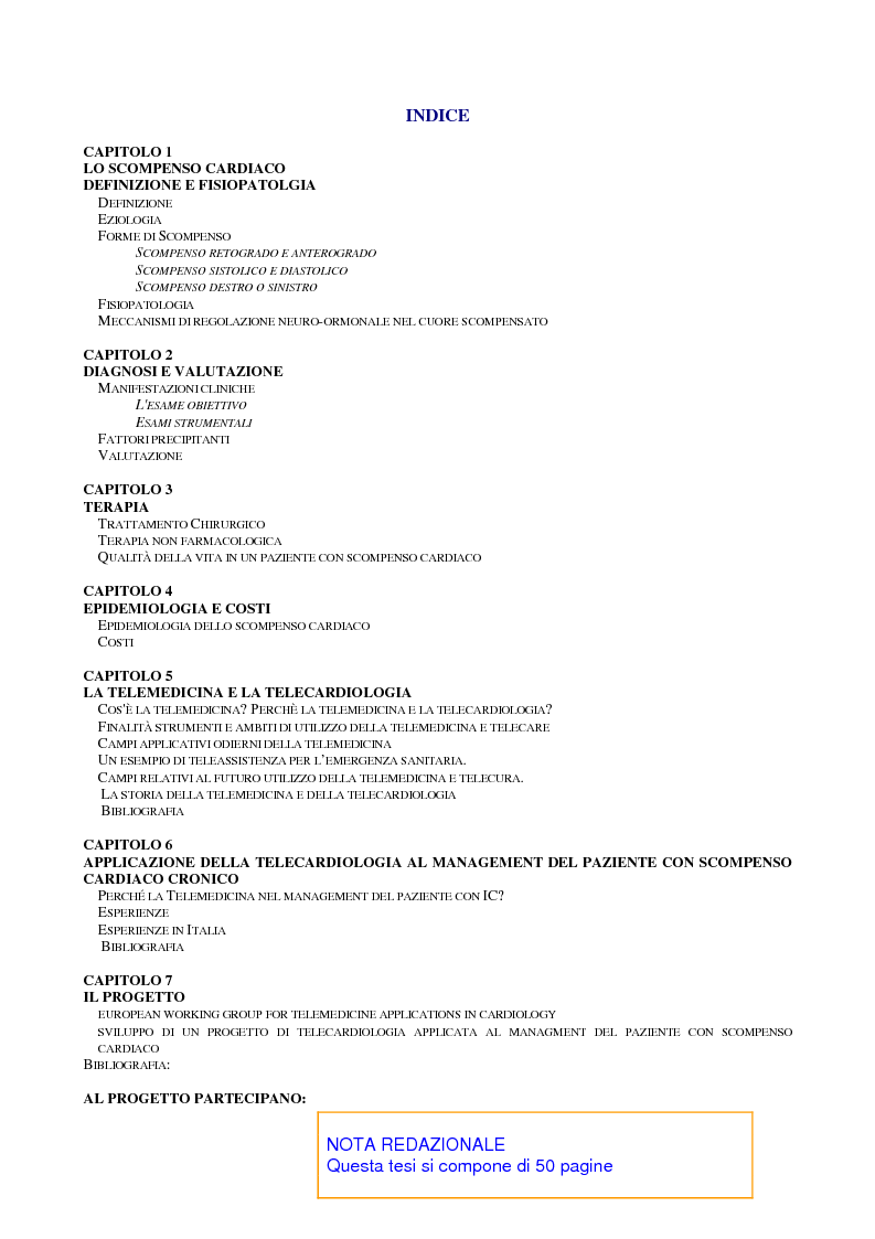 Indice della tesi: Lo scompenso cardiaco e la sua gestione clinica: l'impiego delle tecnologie informatiche, Pagina 1