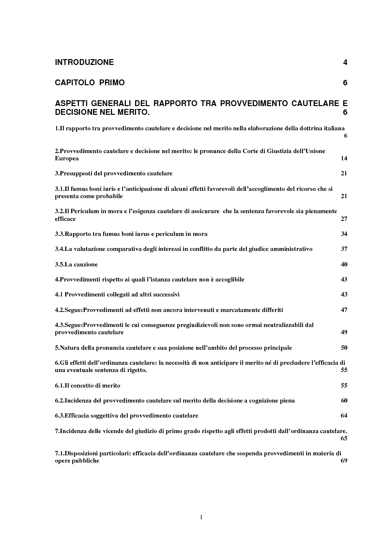Indice della tesi: Provvedimento cautelare e decisione nel merito, Pagina 1