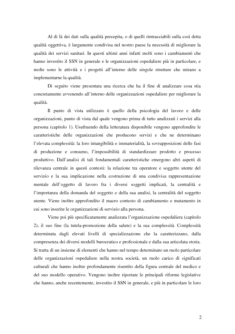 Anteprima della tesi: Migliorare la qualità nei servizi ospedalieri. Una ricerca di psicologia applicata, Pagina 2
