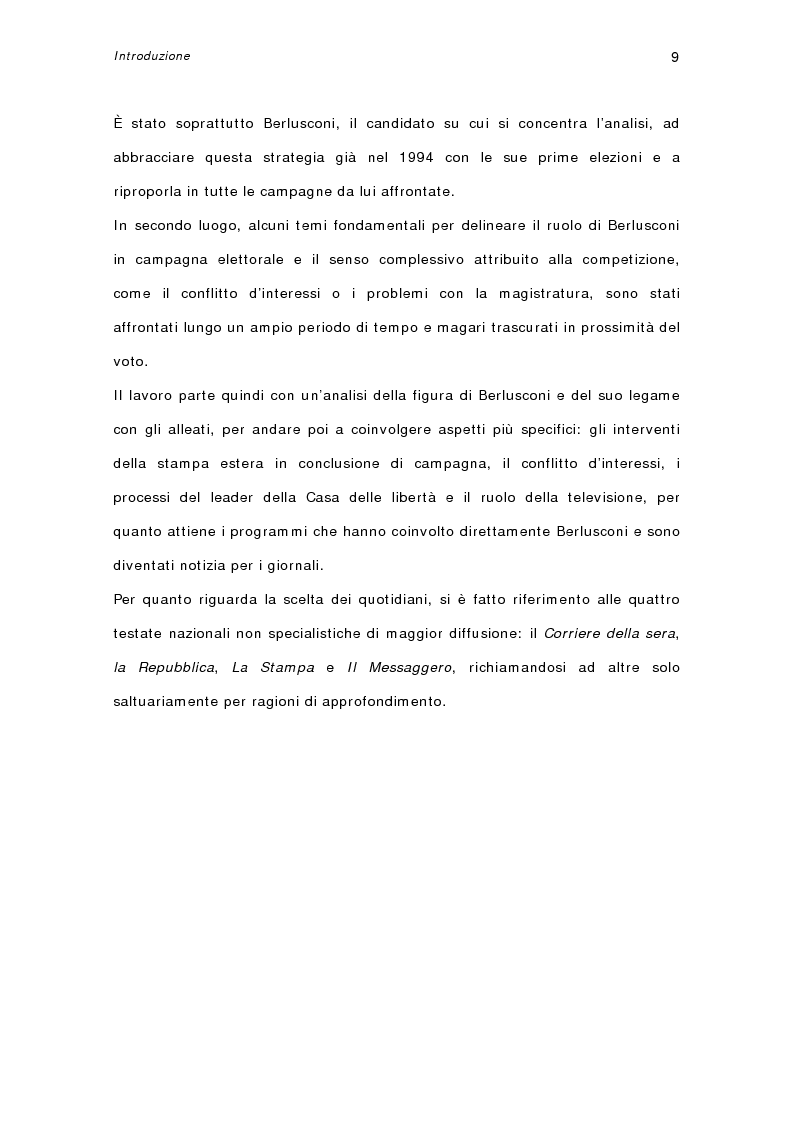 Anteprima della tesi: I quotidiani italiani e le votazioni del 13 maggio 2001: la campagna elettorale di Silvio Berlusconi, Pagina 7