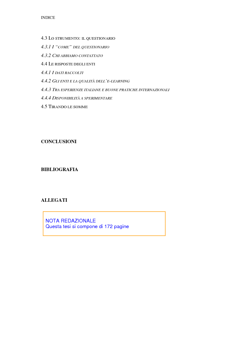 Indice della tesi: Qualità dell'e-learning. Esperienze italiane e buone pratiche internazionali, Pagina 4