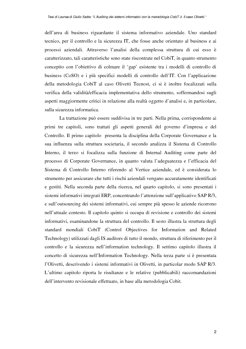 Anteprima della tesi: L'auditing dei sistemi informativi con la metodologia CobiT 3. Il caso Olivetti, Pagina 2