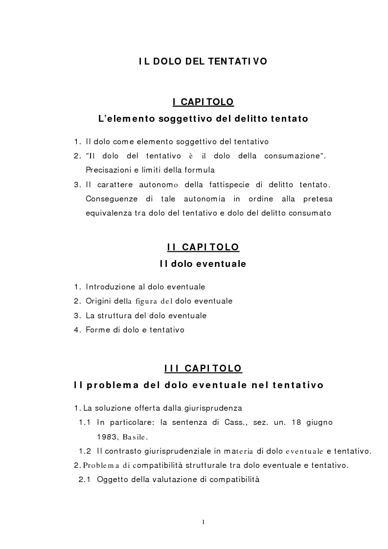 Indice della tesi: Il dolo del tentativo, Pagina 1
