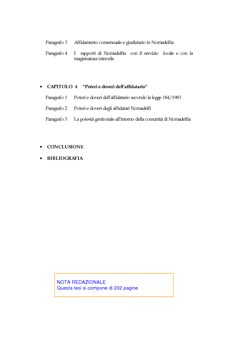 Indice della tesi: L'affidamento familiare: l'esperienza della comunità di Nomadelfia, Pagina 2
