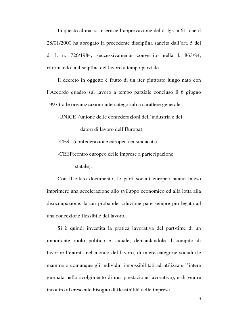Anteprima della tesi: La disciplina del lavoro a tempo parziale: il d. lgs. n. 61 del 2000, Pagina 2