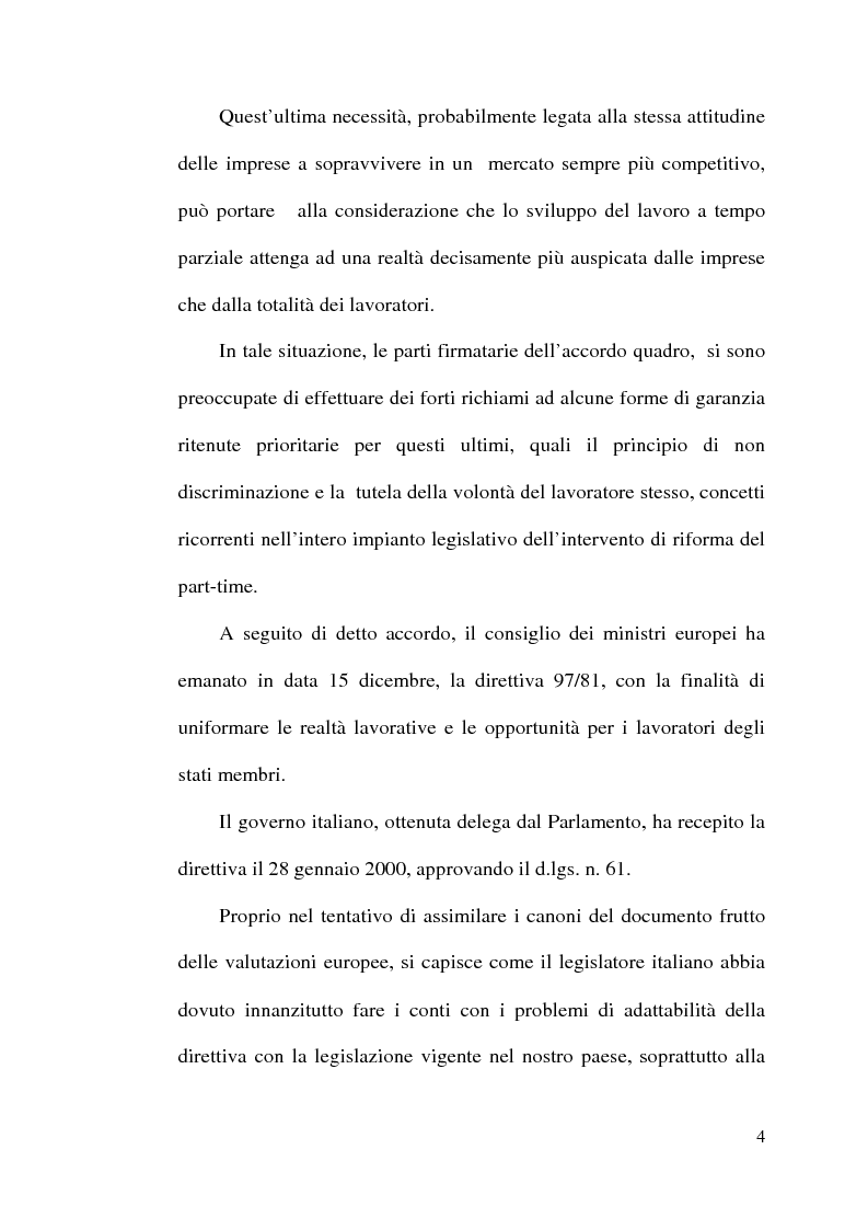 Anteprima della tesi: La disciplina del lavoro a tempo parziale: il d. lgs. n. 61 del 2000, Pagina 3