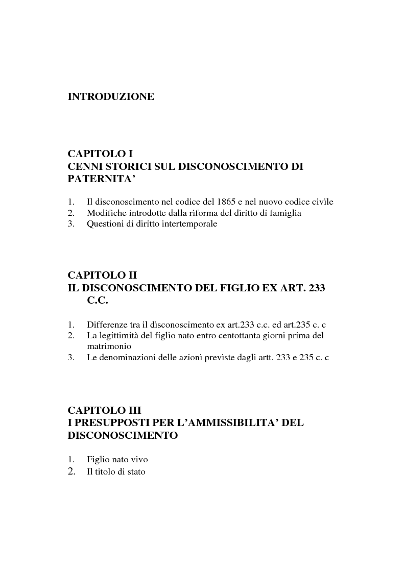 Indice della tesi: Il disconoscimento di paternità, Pagina 1