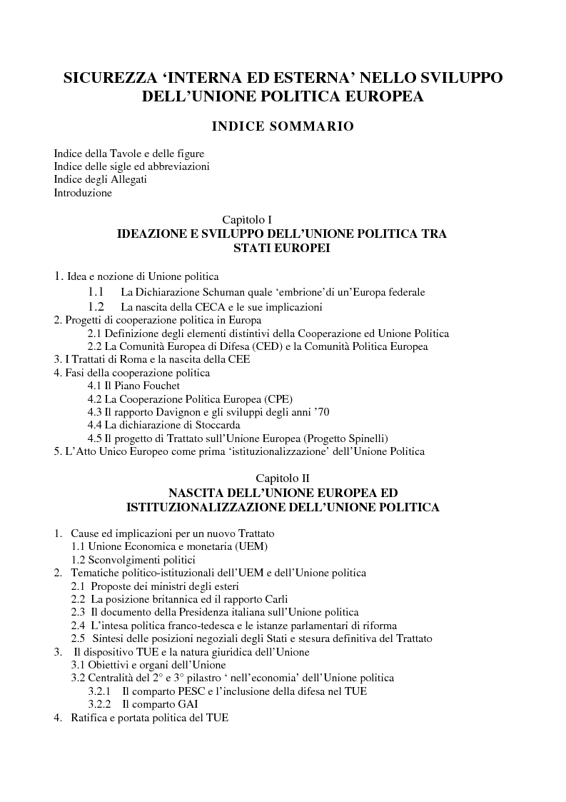 Indice della tesi: Sicurezza 'interna ed esterna' nello sviluppo dell'Unione Politica Europea, Pagina 1