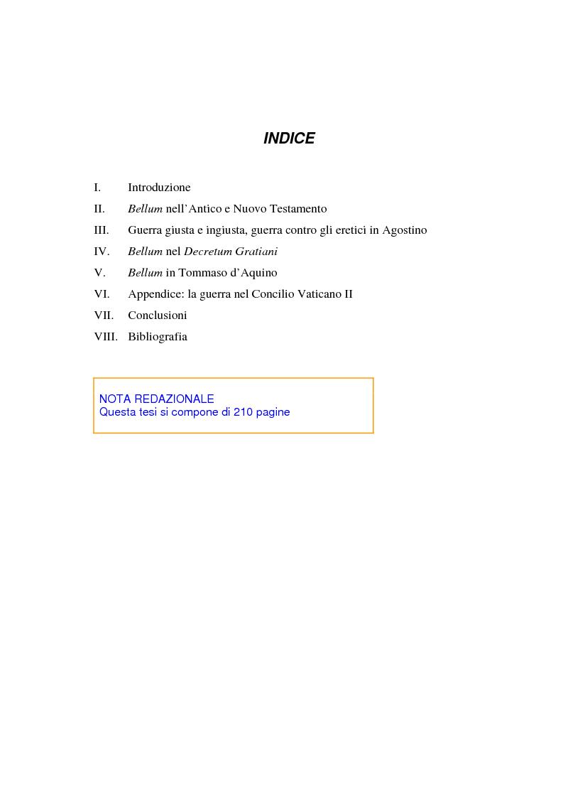 Indice della tesi: Il concetto di guerra in Graziano e Tommaso d'Aquino, Pagina 1