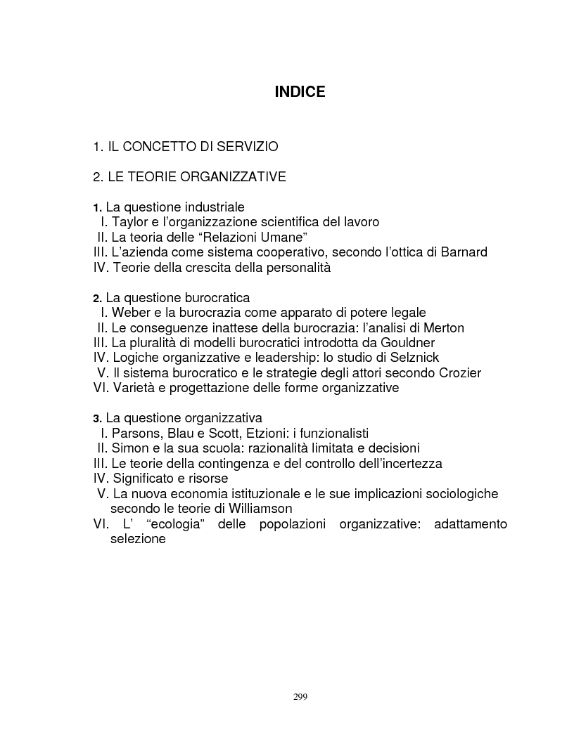 Indice della tesi: Organizzazione e gestione del personale nelle aziende private di servizi, Pagina 1