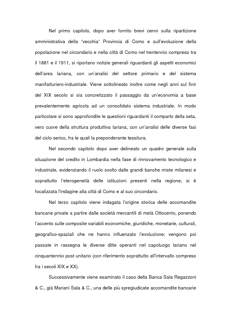 Anteprima della tesi: Le accomandite bancarie comasche tra '800 e '900: le vicende della ditta Sala Regazzoni & C., già Mariani Sala & C., Pagina 6