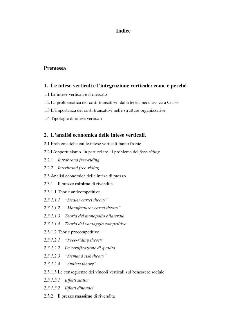 Indice della tesi: Problemi relativi alla fissazione del prezzo di rivendita nelle intese verticali, Pagina 1
