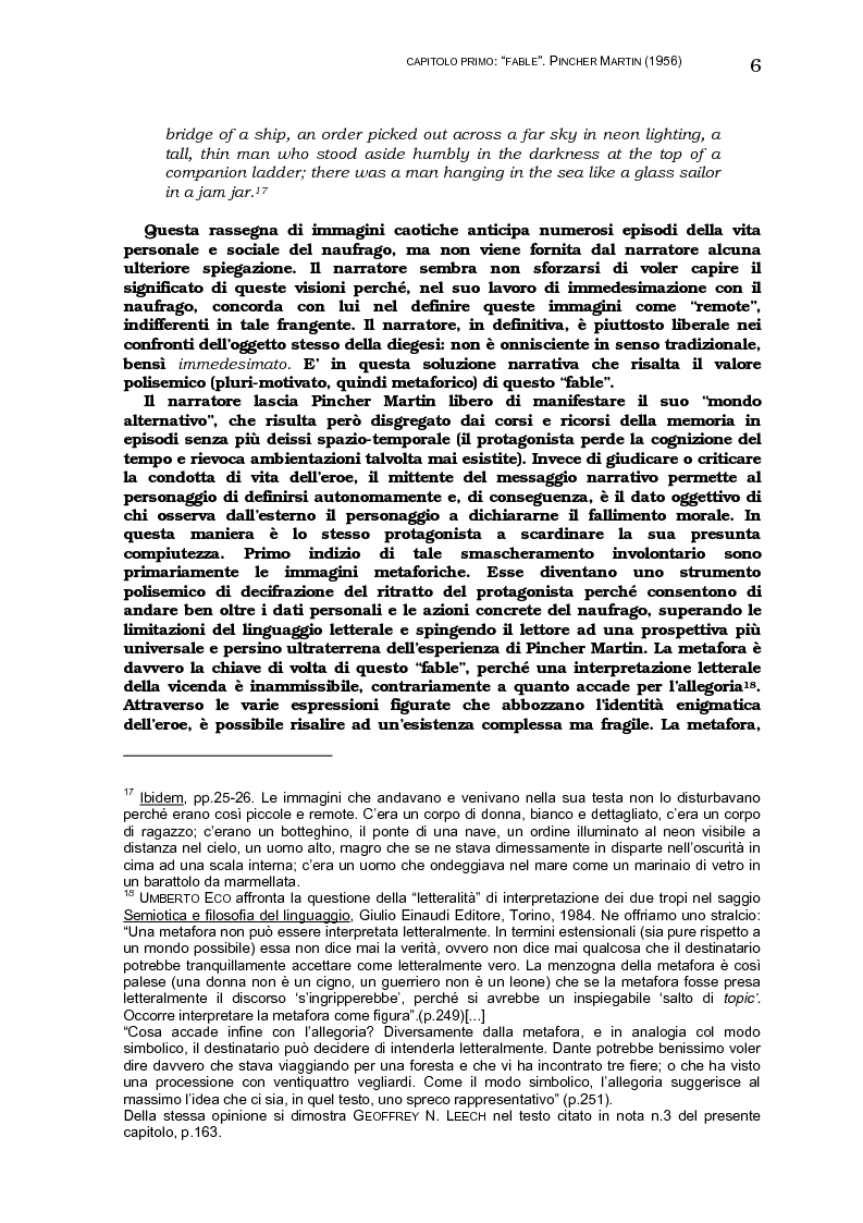 Anteprima della tesi: Lo sviluppo della tecnica metaforica ed il ruolo del narratore in quattro opere del primo William Golding: ''The Inheritors''(1955), ''Pincher Martin''(1956), ''Free Fall''(1959) e ''The Spire''(1964), Pagina 14
