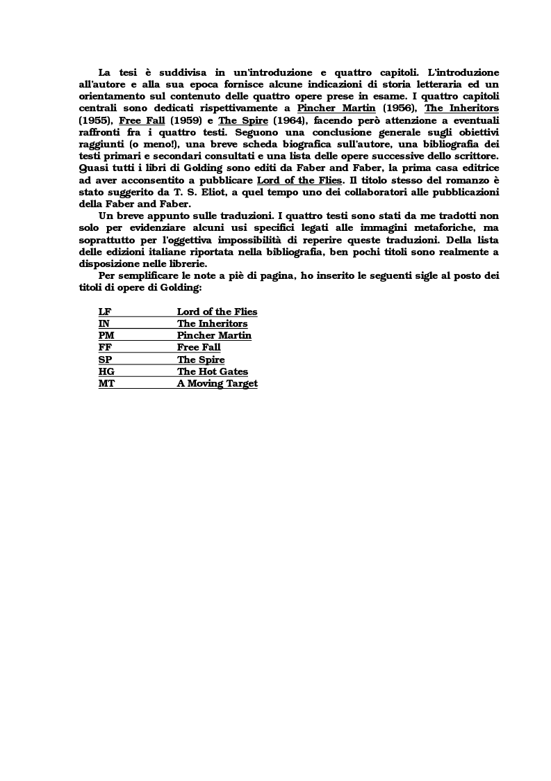 Anteprima della tesi: Lo sviluppo della tecnica metaforica ed il ruolo del narratore in quattro opere del primo William Golding: ''The Inheritors''(1955), ''Pincher Martin''(1956), ''Free Fall''(1959) e ''The Spire''(1964), Pagina 2