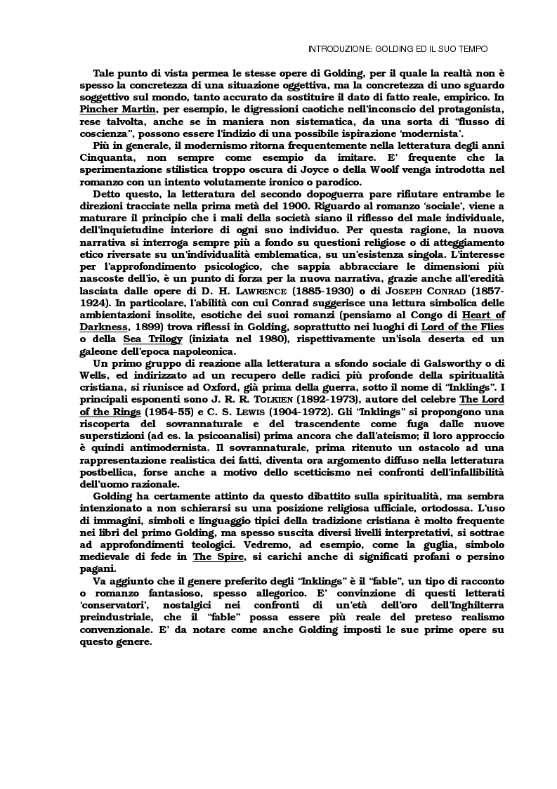 Anteprima della tesi: Lo sviluppo della tecnica metaforica ed il ruolo del narratore in quattro opere del primo William Golding: ''The Inheritors''(1955), ''Pincher Martin''(1956), ''Free Fall''(1959) e ''The Spire''(1964), Pagina 4