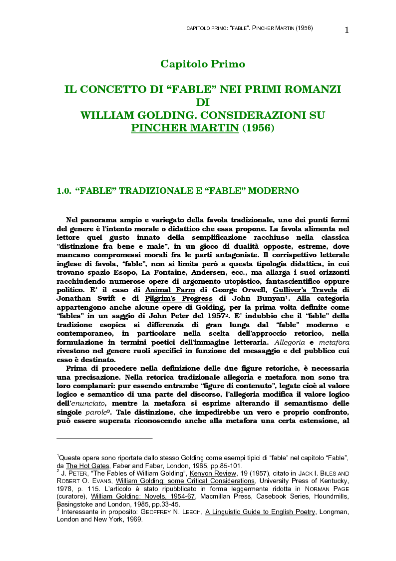 Anteprima della tesi: Lo sviluppo della tecnica metaforica ed il ruolo del narratore in quattro opere del primo William Golding: ''The Inheritors''(1955), ''Pincher Martin''(1956), ''Free Fall''(1959) e ''The Spire''(1964), Pagina 9