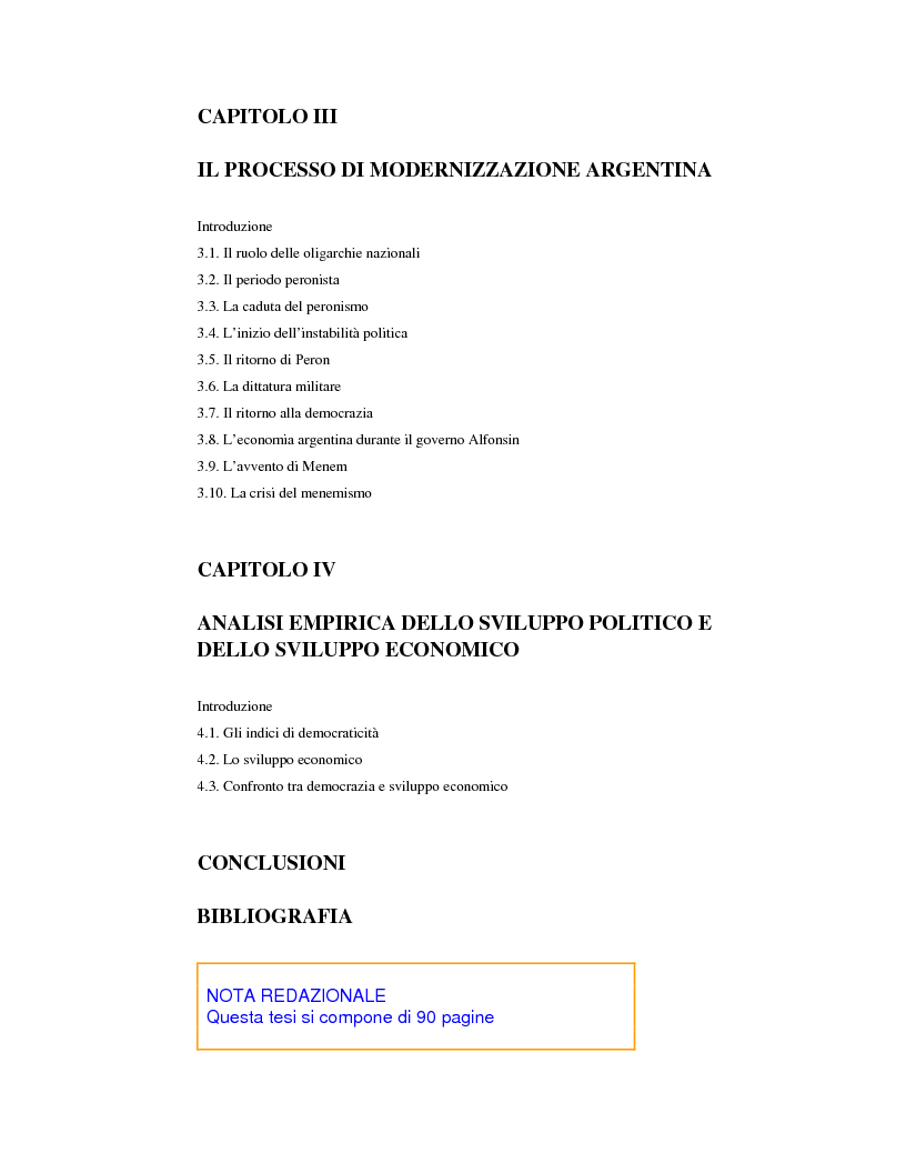 Indice della tesi: Rapporto tra sviluppo politico e sviluppo economico: il caso argentino, Pagina 2