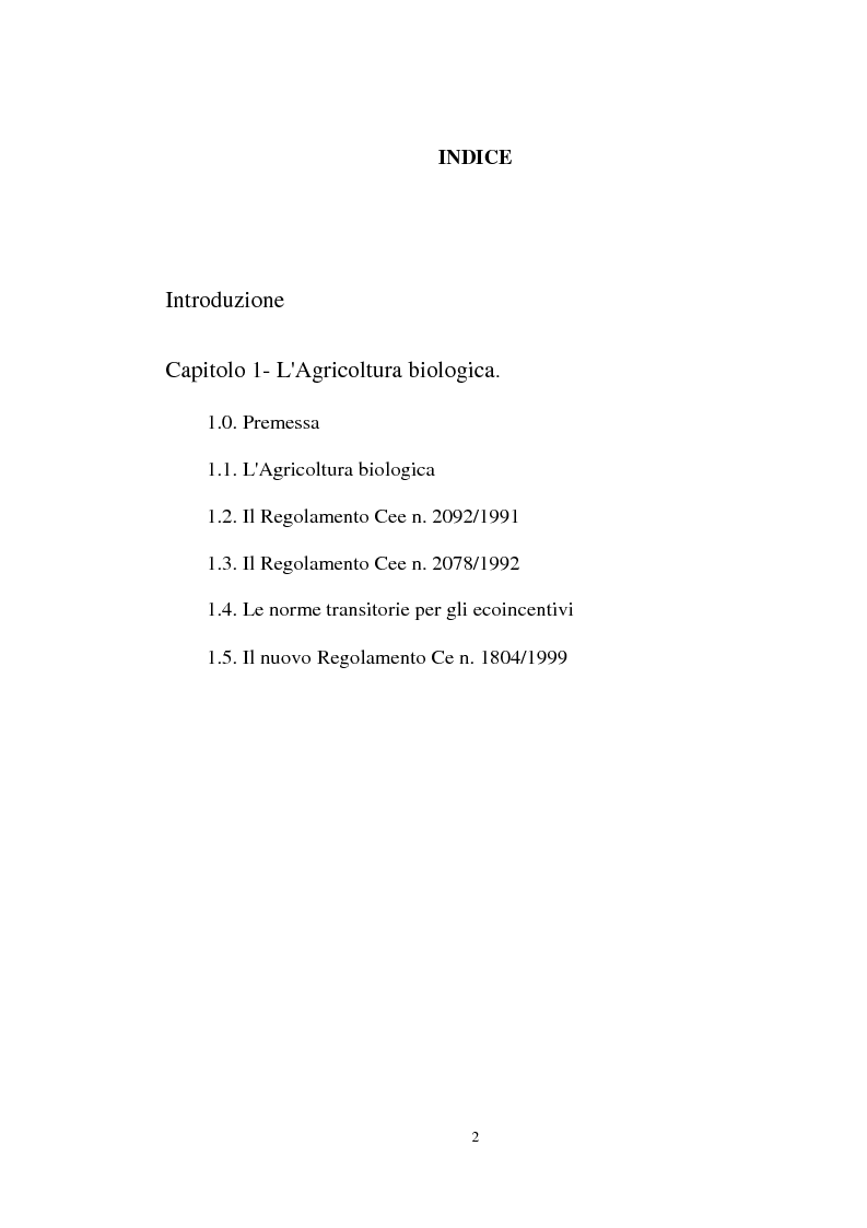 Indice della tesi: Le prospettive di sviluppo dell'agricoltura biologica in Calabria, Pagina 1