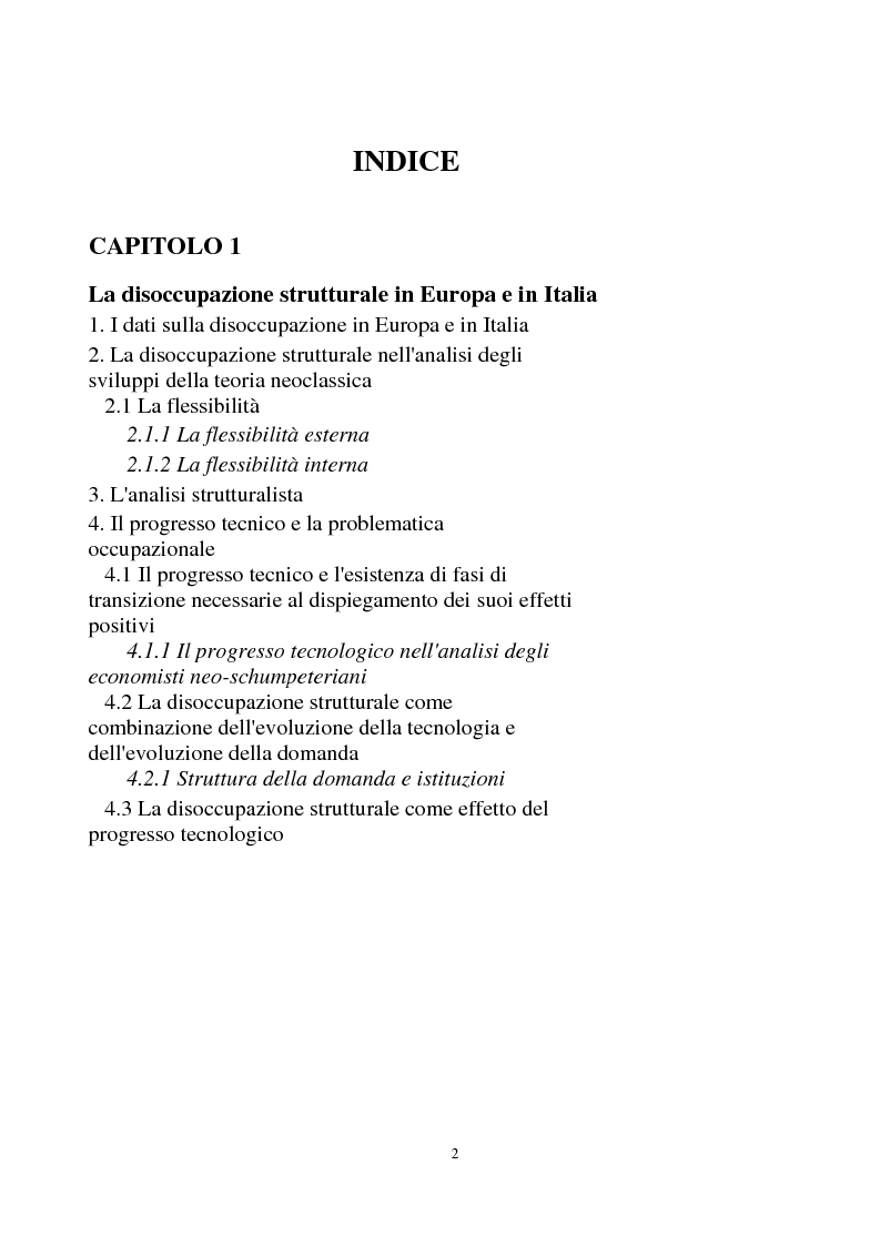 Indice della tesi: La disoccupazione strutturale e la gestione del tempo di lavoro in Europa, Pagina 1