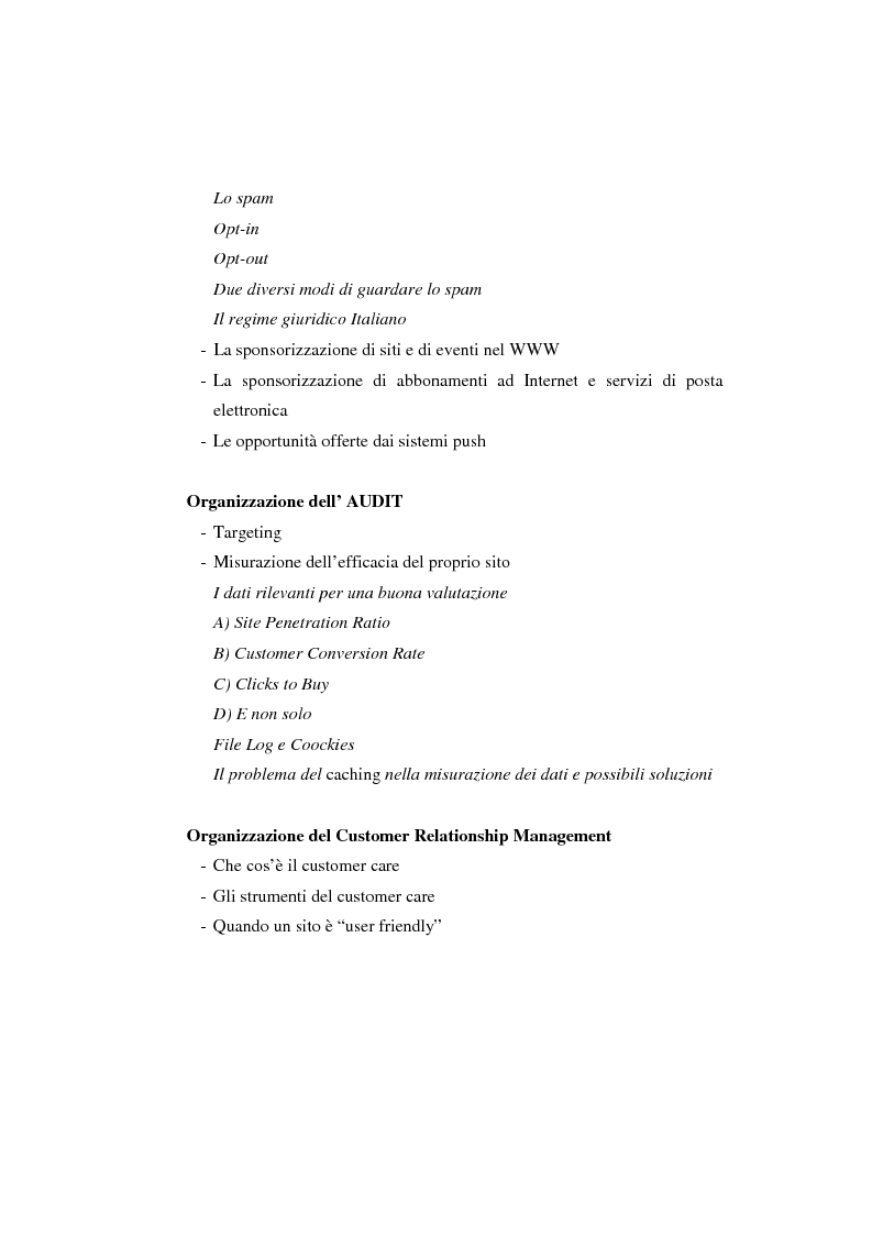 Indice della tesi: Organizzazione delle funzioni del Webmarketing, Pagina 5
