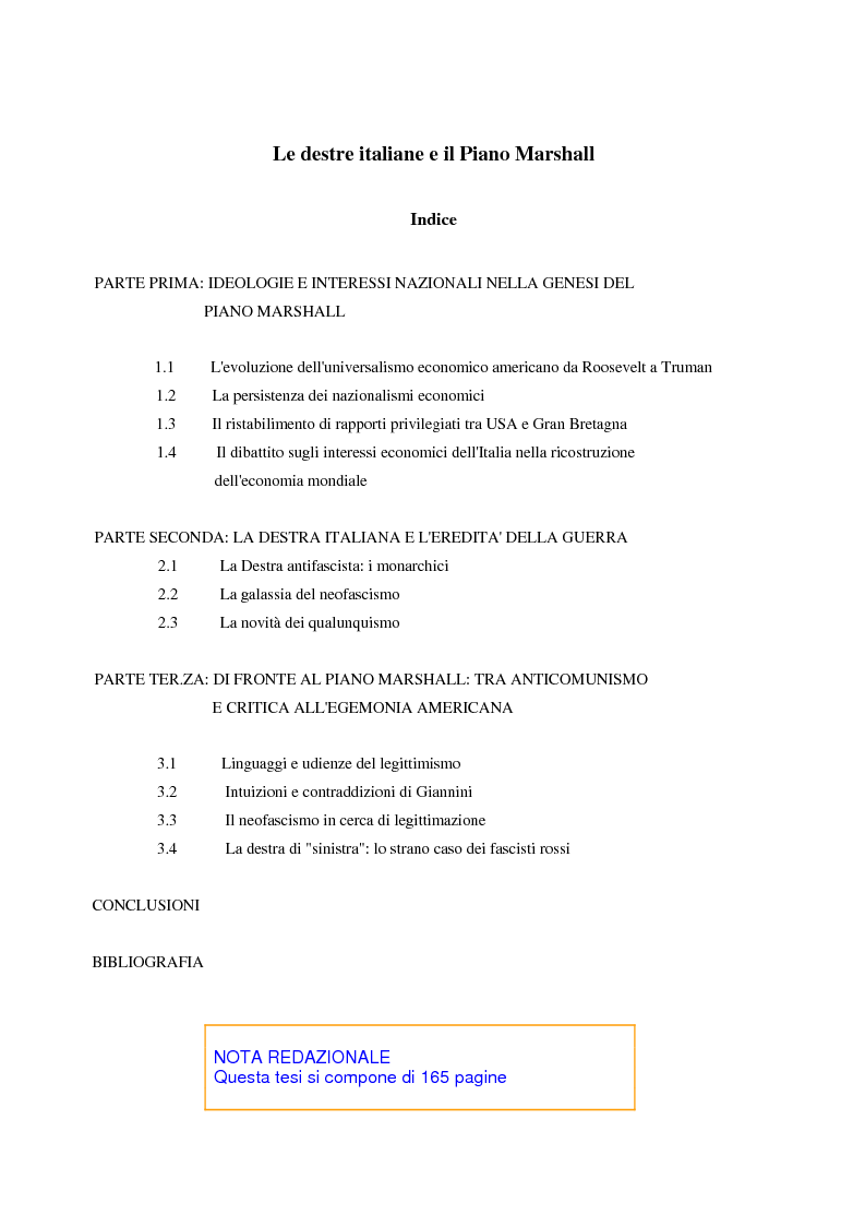 Indice della tesi: Le destre italiane e il piano Marshall, Pagina 1