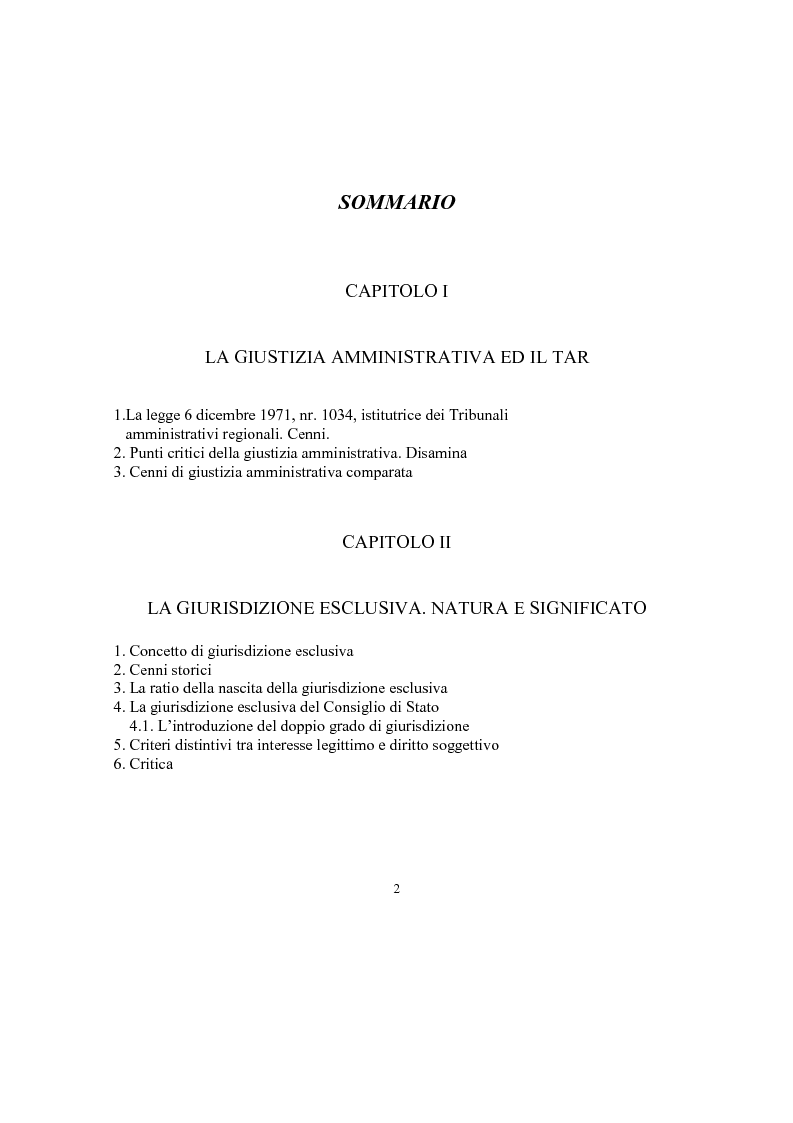 Indice della tesi: La giurisdizione esclusiva dalla legge istitutiva del Tar ad oggi, Pagina 1