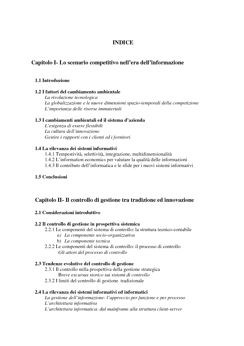 Indice della tesi: Il controllo di gestione nell'era digitale: la rilevanza dei sistemi informativi integrati, Pagina 1